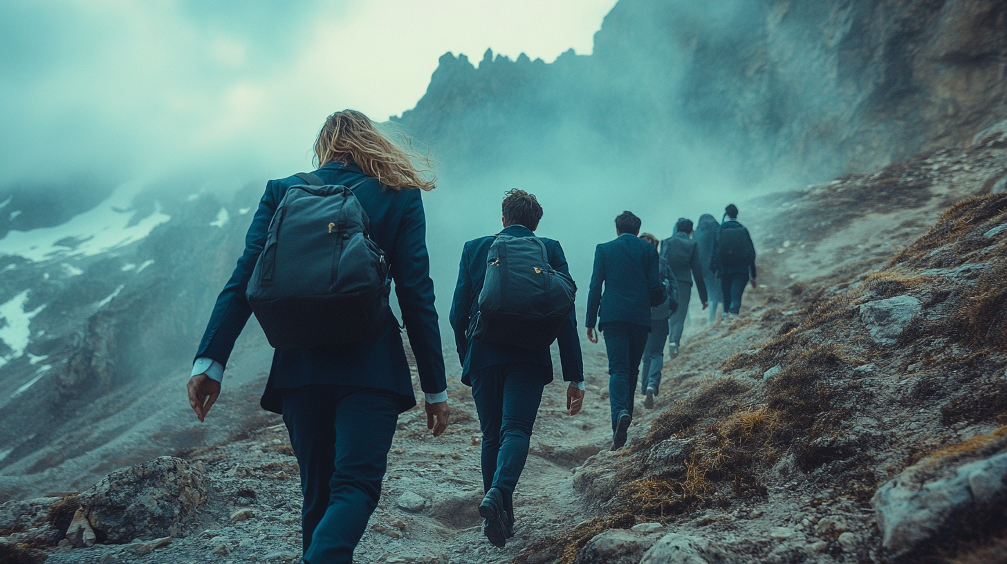 carlosr_66_photo_of_several_people_hiking_in_business_outfit__8ce0eaf4-840d-4d13-8ae4-44729cd6d5b9_0
